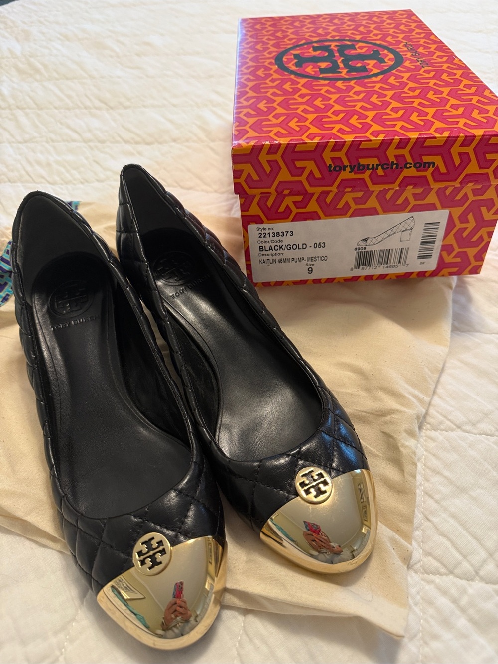 Tory Burch Kaitlin Black Quilted Leather Flats with Gold Cap Toe Logo Block Heel